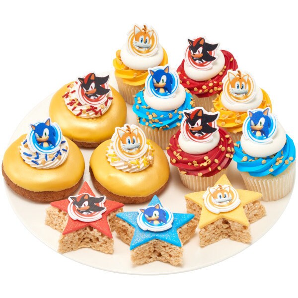 12 SONIC THE HEDGEHOG Cupcake Rings - Character Shape Sonic, Tails and Shadow Cake Toppers for Birthday Party Decoration Craft Supply
