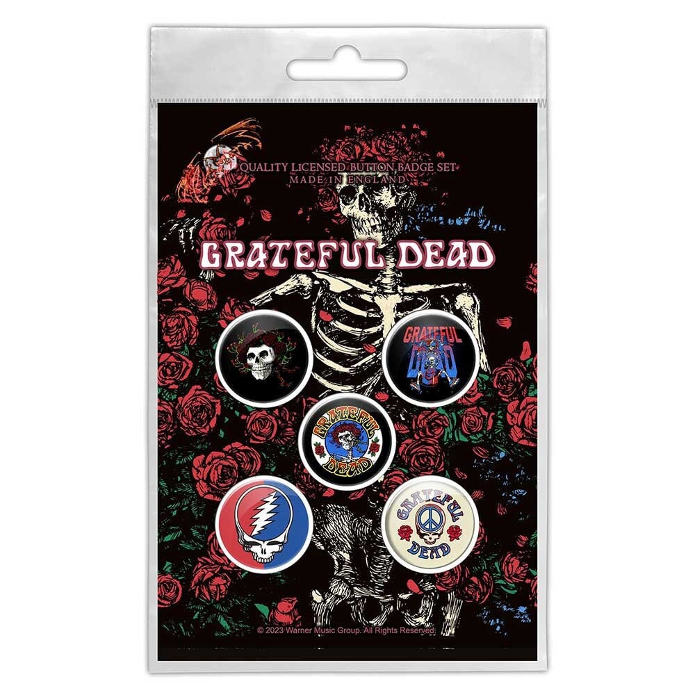 GRATEFUL DEAD Button Badge 5 Piece Set - Skeleton & Rose - Each Badge Approx 1 Inch - Grateful Dead Rock Band Pinback Badge Button Pack Set