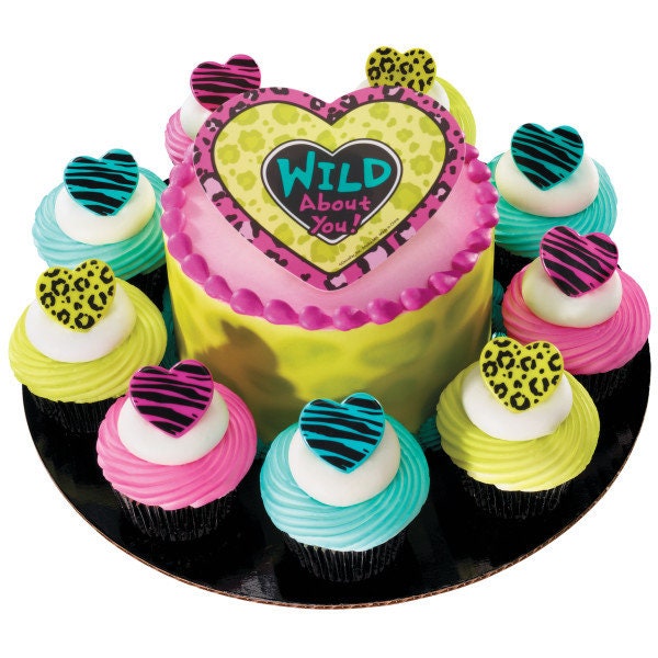 12 WILD ABOUT YOU Cupcake Rings Hearts Love Animal Print Picks Cake Toppers Decoration Birthday Party