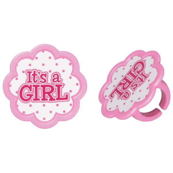 12 IT'S A GIRL Cupcake Rings Cake Toppers for Pink Baby Shower Reveal Party Decoration Craft Supply