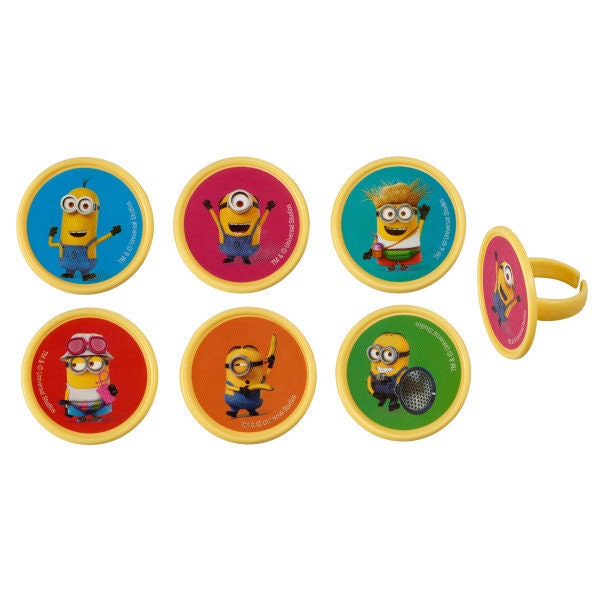 12 MINIONS DESPICABLE ME Cupcake Rings Mayhem Cake Toppers Birthday Party Decoration Craft Supply