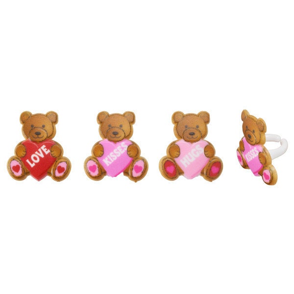 12 VALENTINE TEDDY BEARS Cupcake Rings Heart Love Kisses Xoxo Cake Toppers Birthday Party Decoration