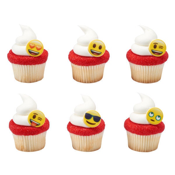 12 EMOJI Cupcake Rings Icons Faces Cake Toppers Birthday Party Decoration
