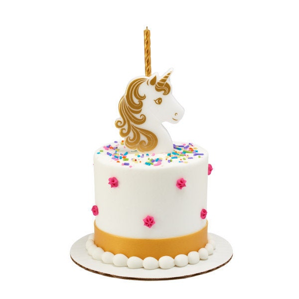 GOLDEN UNICORN Candle and Holder Fantasy Mane Mystical Cupcake Rainbow Cake Toppers for Birthday Party Decoration