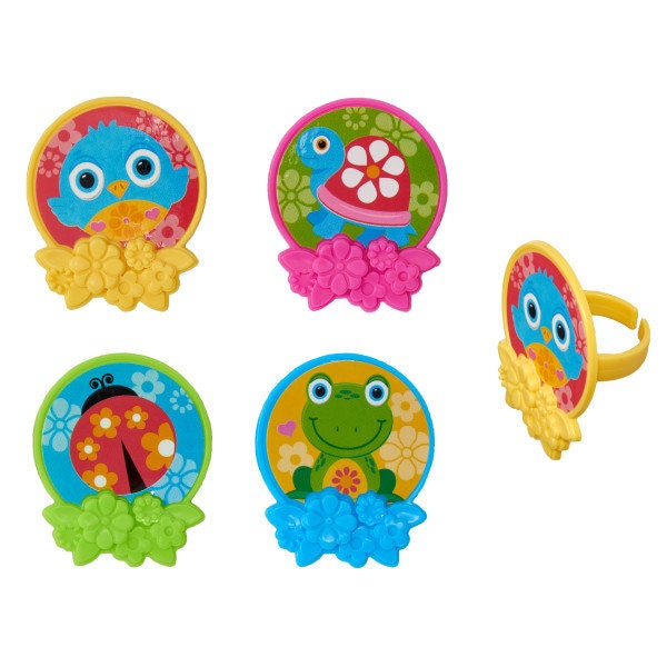 12 SPRING FRIENDS Cupcake Rings Spring Summer Frog Turtle Ladybug Cake Toppers Party Decoration Craft Supply