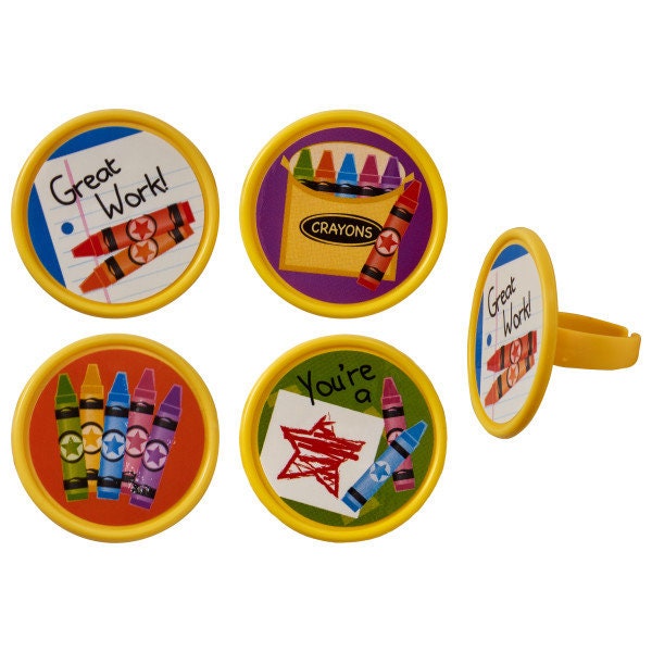 12 CRAYONS SCHOOL Cupcake Rings Teacher Kids Cake Toppers Birthday Party Decoration Picks Craft Supply
