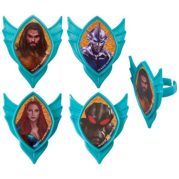 12 AQUAMAN Cupcake Rings Quest Movie Cake Toppers Birthday Party Decoration Picks