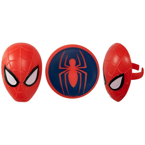 12 SPIDERMAN Cupcake Rings Spider and Mask Marvel Comics Cake Toppers Birthday Party Decoration Picks Spider-Man