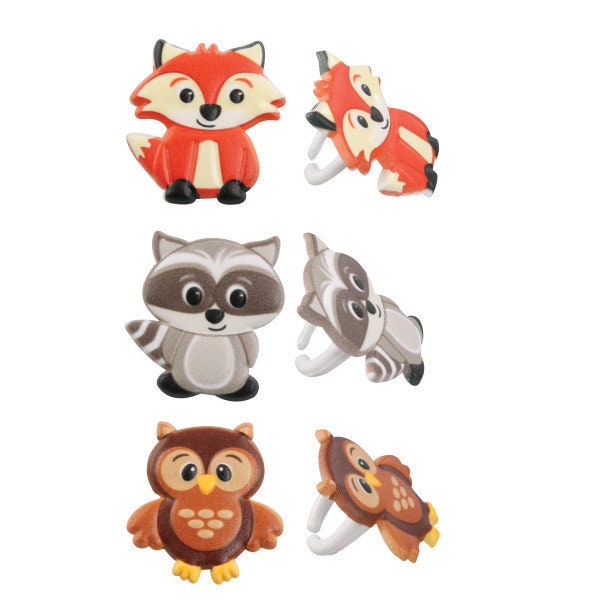 12 WOODLAND ANIMALS Cupcake Rings Birthday Raccoon Fox Owl Cake Toppers Party Decoration Picks