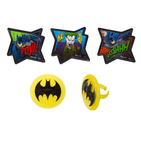 12 BATMAN Cupcake Rings POW! Cake Toppers for Birthday Party Decoration