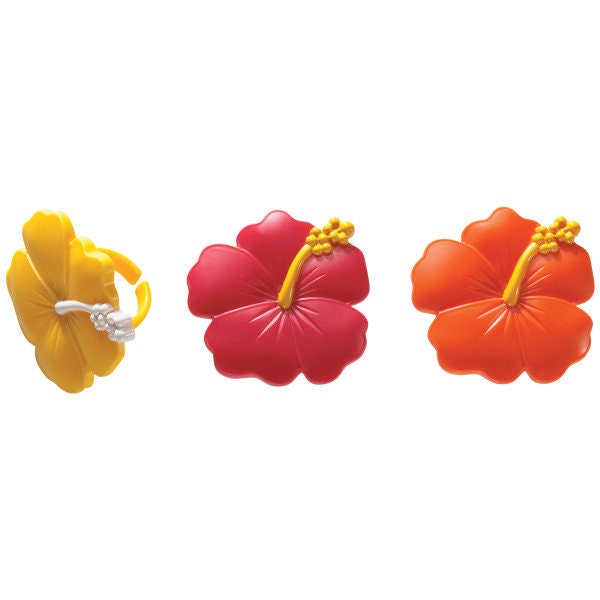 12 HIBISCUS FLOWER Cupcake Rings Cake Toppers Hawaiian Beach Wedding Party Decoration Craft Supply