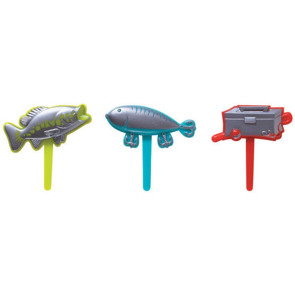 12 FISHING Cupcake Picks Cake Toppers Father's Day Bobber Lure Pole Tacklebox Decoration Birthday