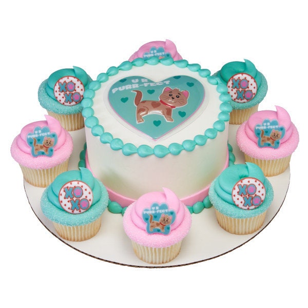 12 PAWS AND KISSES Cupcake Rings Valentine Heart Love Puppy Dog Cat Kitty Xoxo Cake Toppers Birthday Party Decoration