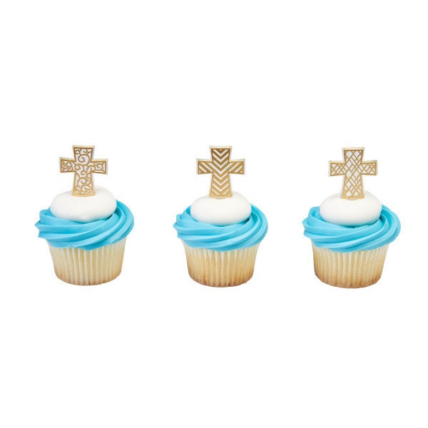 12 GOLD CROSS ASSORTMENT Cupcake Picks Baptism Easter Christian Jesus Church Religious Cake Toppers Rings Party Decoration