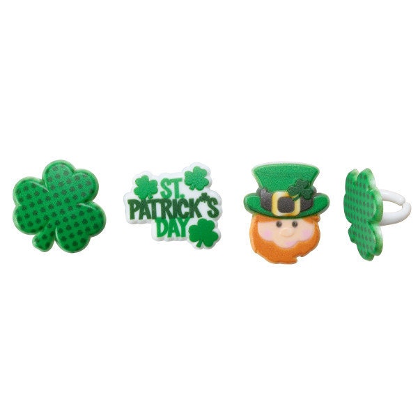 12 ST. PATRICK'S DAY Cupcake Rings Icons Shamrock Clover Leprechaun Cake Toppers Party Decoration