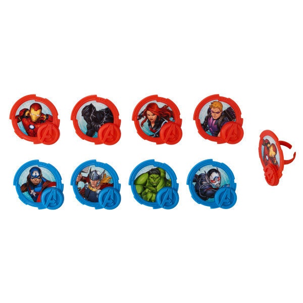 MARVEL AVENGERS Cupcake Rings (12) Mightiest Heroes Hulk Thor Iron Man Cake Toppers Birthday Party Decoration