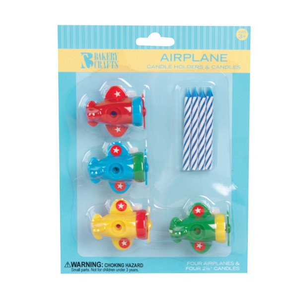 AIRPLANE Candle Holder Set With Candles Cupcake Cake Toppers for Boys Birthday Party Decoration Flying Craft Supply