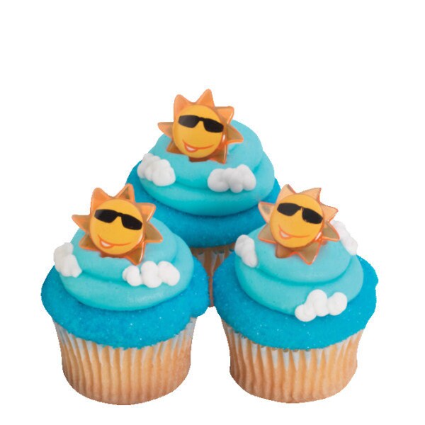 12 SUN FACE Cupcake Rings Summer Fun Sunglasses Cake Toppers Birthday Party Decoration Picks Craft Supply
