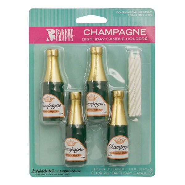 CHAMPAGNE Bottle Candle Holder Set With Candles Cupcake New Years Cake Toppers Birthday Party Decoration Team