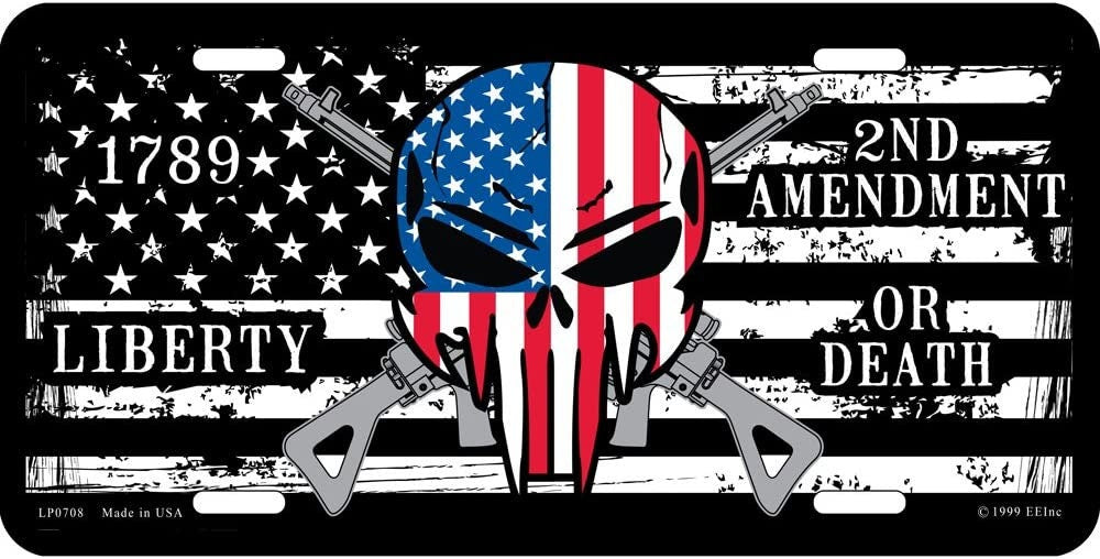 2nd Amendment Or Death US Flag Demon Skull Metal License Plate - Patriotic American Military 2nd Amendment Flag