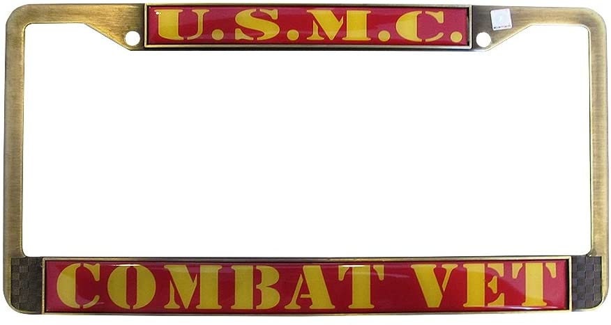 U.S.M.C. MARINES COMBAT VET Antiqued Brass Metal License Plate Frame - United States Marine Corps Veteran Usmc