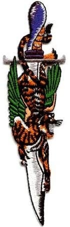 Tiger Dagger Tattoo Knife Patch - Animal Knife Sword Embroidered Patch Applique Craft Supply