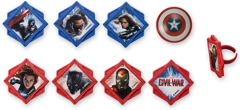 CAPTAIN AMERICA Civil War Divided Cupcake Rings (12) Marvel Comics Ironman Movie Cake Toppers Birthday Party Decoration