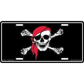 Jolly Roger Pirate Metal License Plate - Skull Crossbones Pirate With Red Bandana