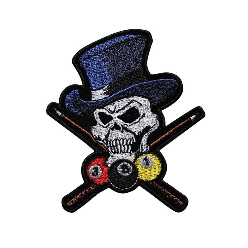 Pool Shark Skull Patch - Billiards Pool Skeleton Skull Embroidered Patch