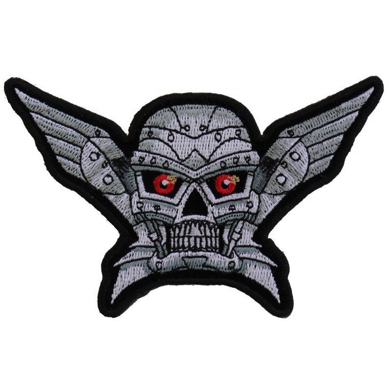 Robot Skull Patch - Robotic Skeleton Skull with Wings Embroidered Patch