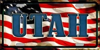 UTAH State American Flag Background Metal License Plate Sign Novelty Vanity