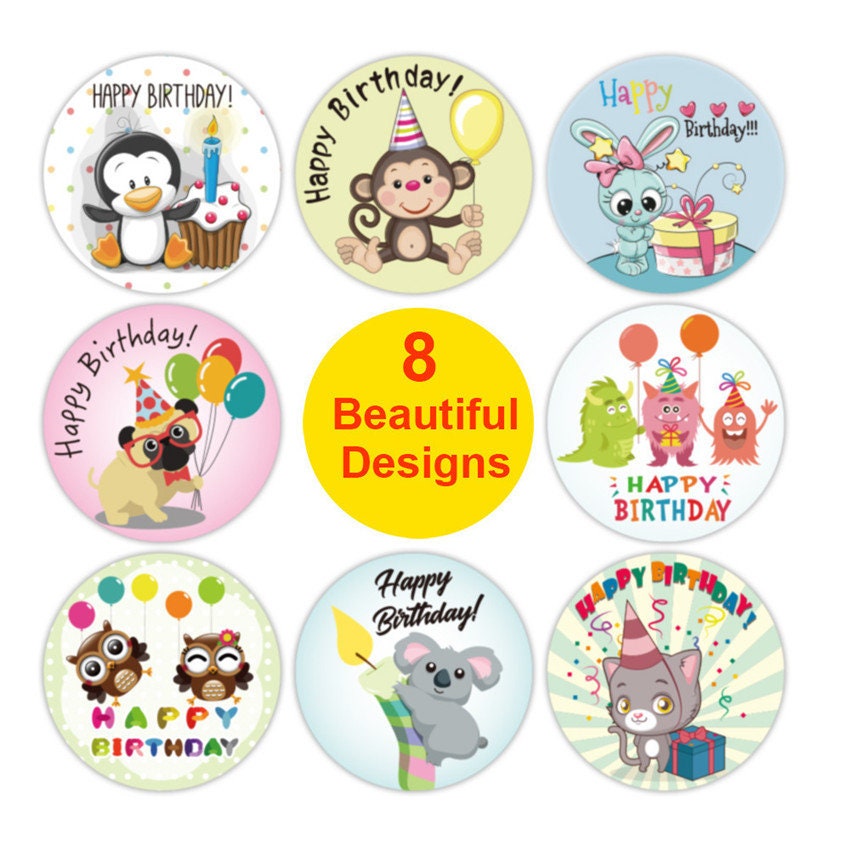 500 Happy Birthday Stickers - Small 1" Stickers 8 Designs, Envelope Seals Cute Cartoon Kids Scrapbooking Label Roll Sticker Craft Supply