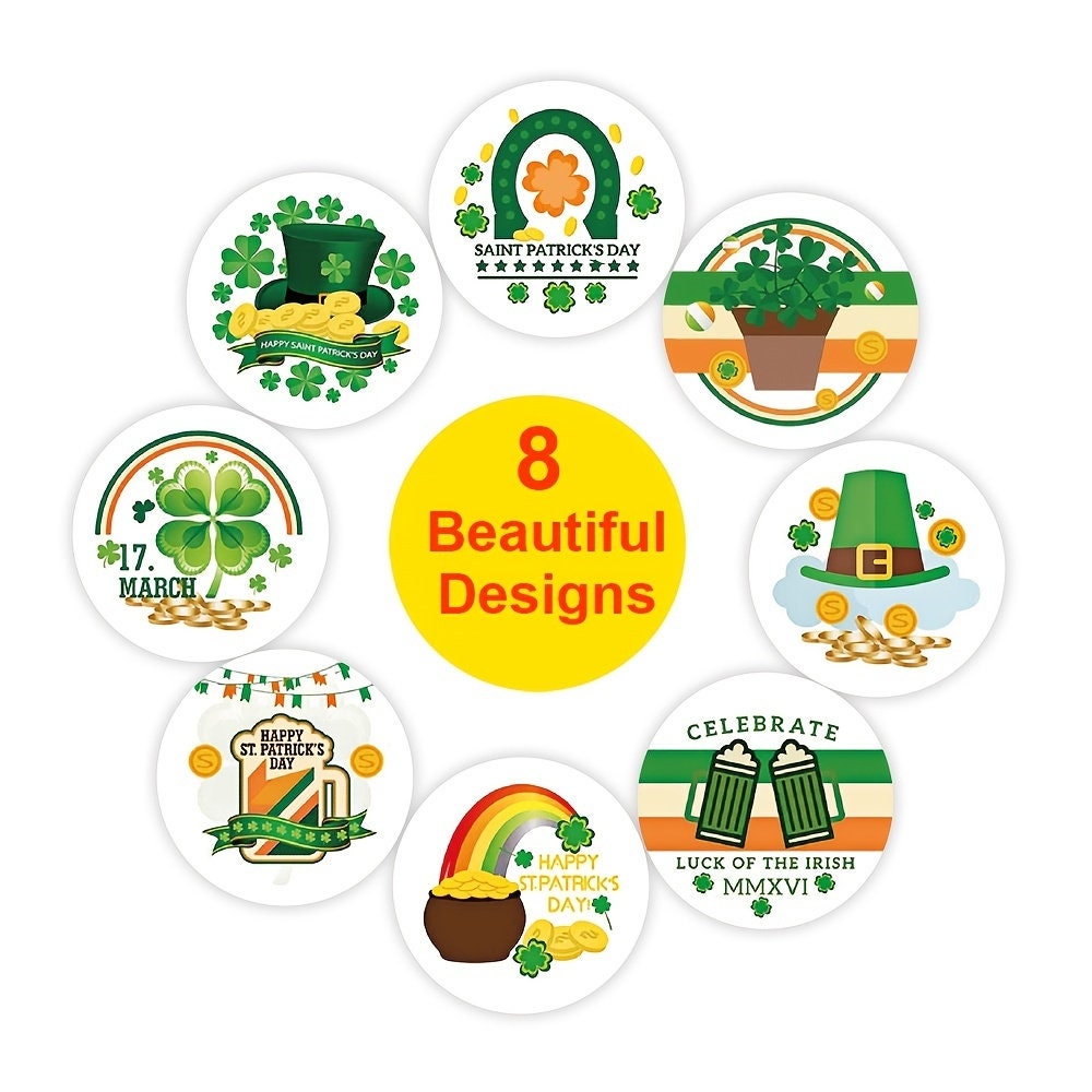 500 St. Patrick's Day Stickers - Small 1" Stickers 8 Designs, Envelope Seals Scrapbooking Label Roll Sticker Craft Supply