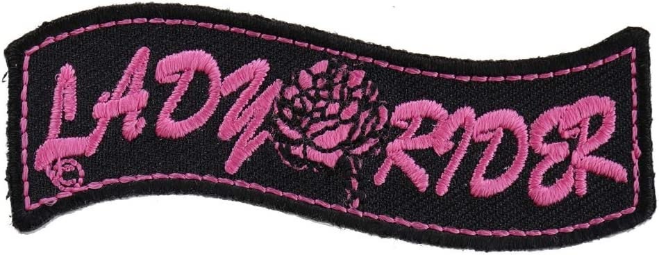 Lady Rider Banner with Rose Patch - 3x1 inch – Biker Embroidered Patch Appliqué Craft Supply