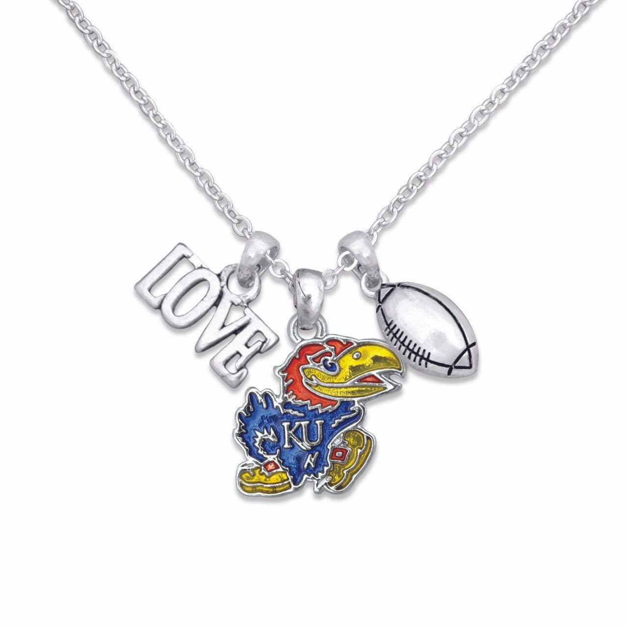 Officially Licensed KANSAS JAYHAWKS Necklace with Football, Love and Logo Pewter Charms Sterling Plated - University of Kansas