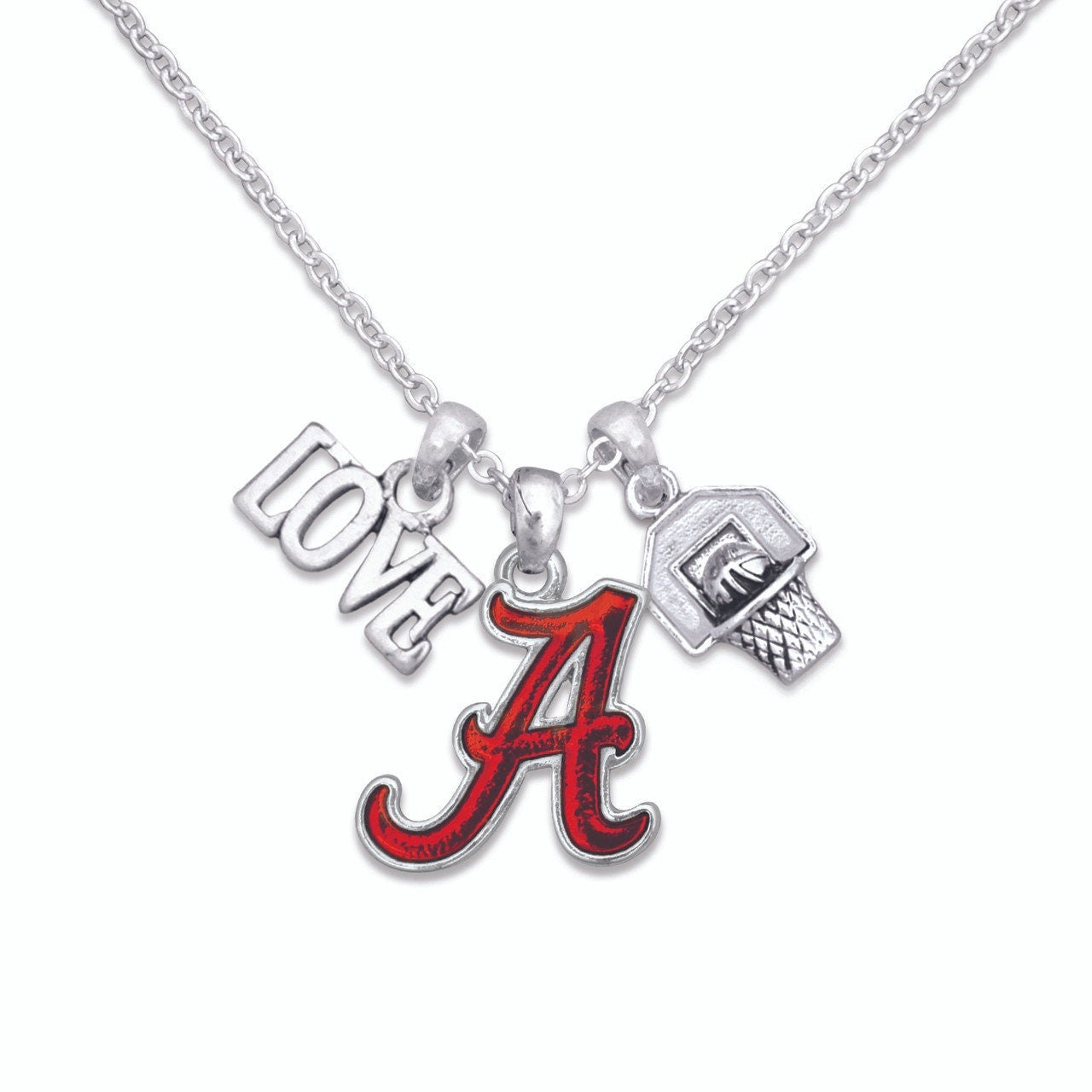 Officially Licensed ALABAMA CRIMSON TIDE Necklace with Basketball, Love and Logo Pewter Charms Sterling Plated - University of Alabama