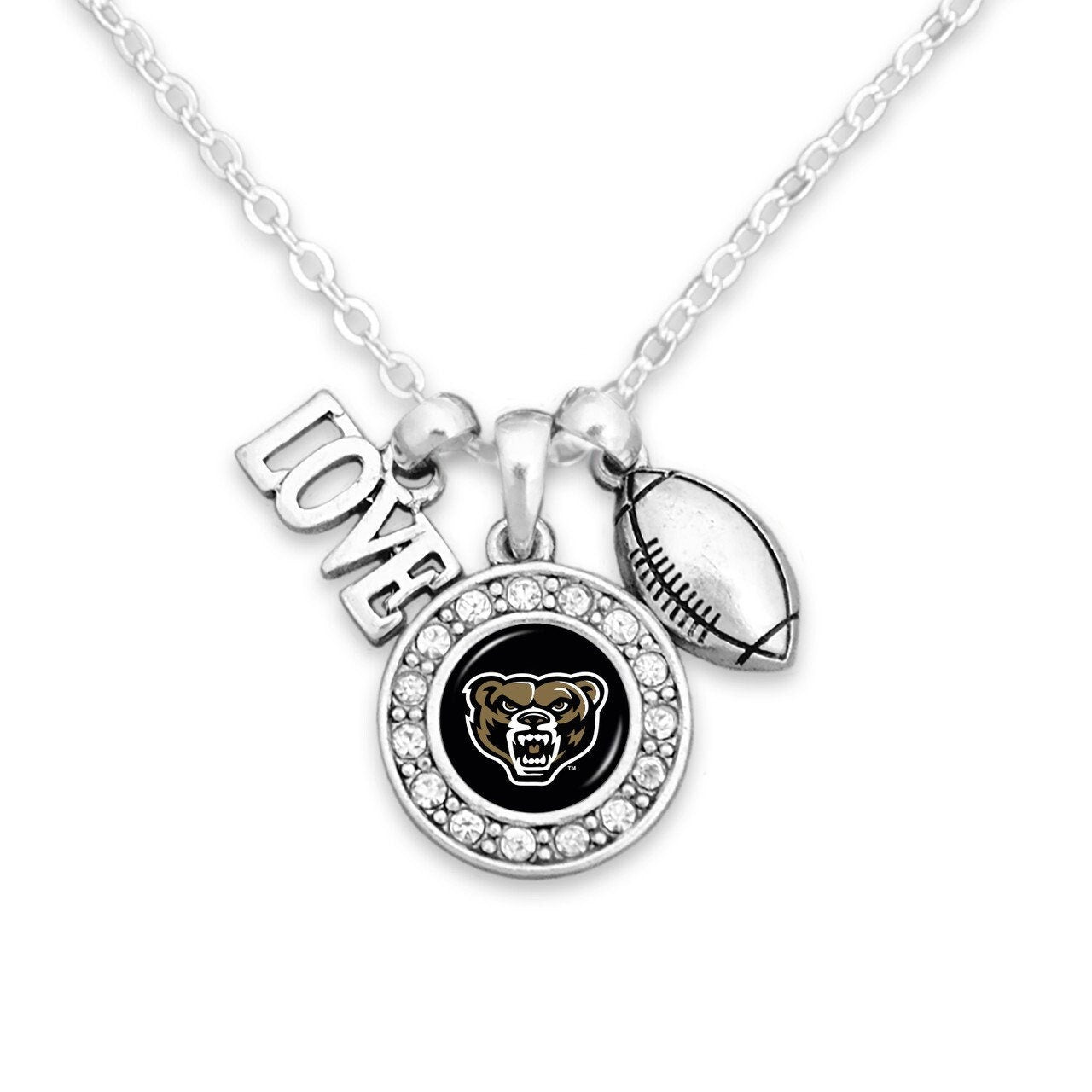 Officially Licensed OAKLAND GRIZZLIES Necklace with Football, Love and Logo Pewter Charms Sterling Plated - Oakland University