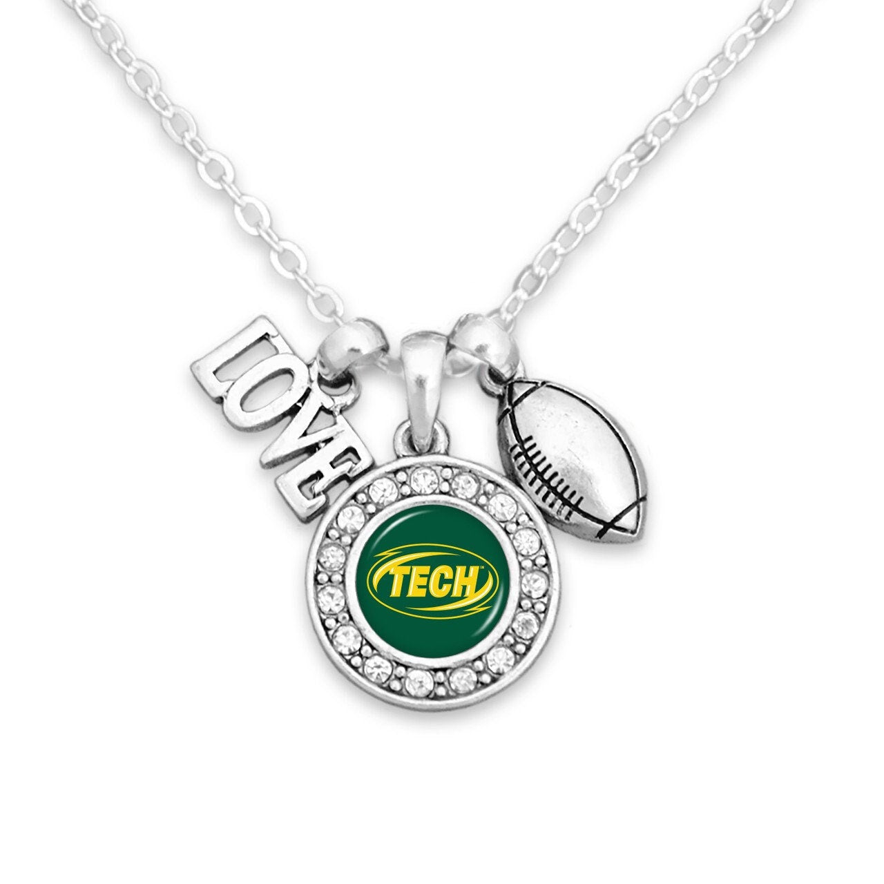 Officially Licensed ARKANSAS TECH Necklace with Football, Love and Logo Pewter Charms Sterling Plated - Arkansas Tech University