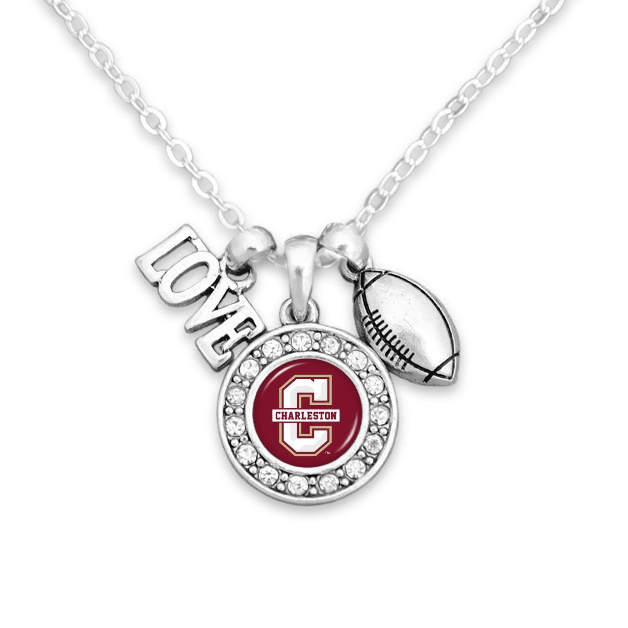 Officially Licensed CHARLESTON COUGARS Necklace with Football, Love and Logo Pewter Charms Sterling Plated - College of Charleston