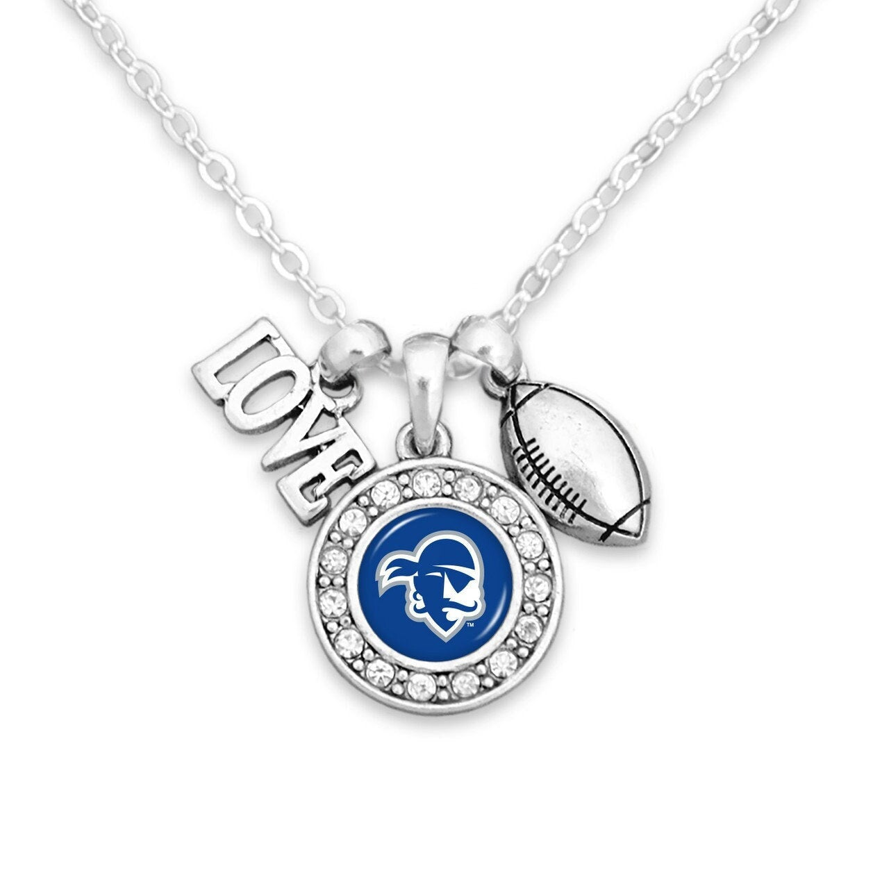 Officially Licensed SETON HALL PIRATES Necklace with Football, Love and Logo Pewter Charms Sterling Plated - Seton Hall University