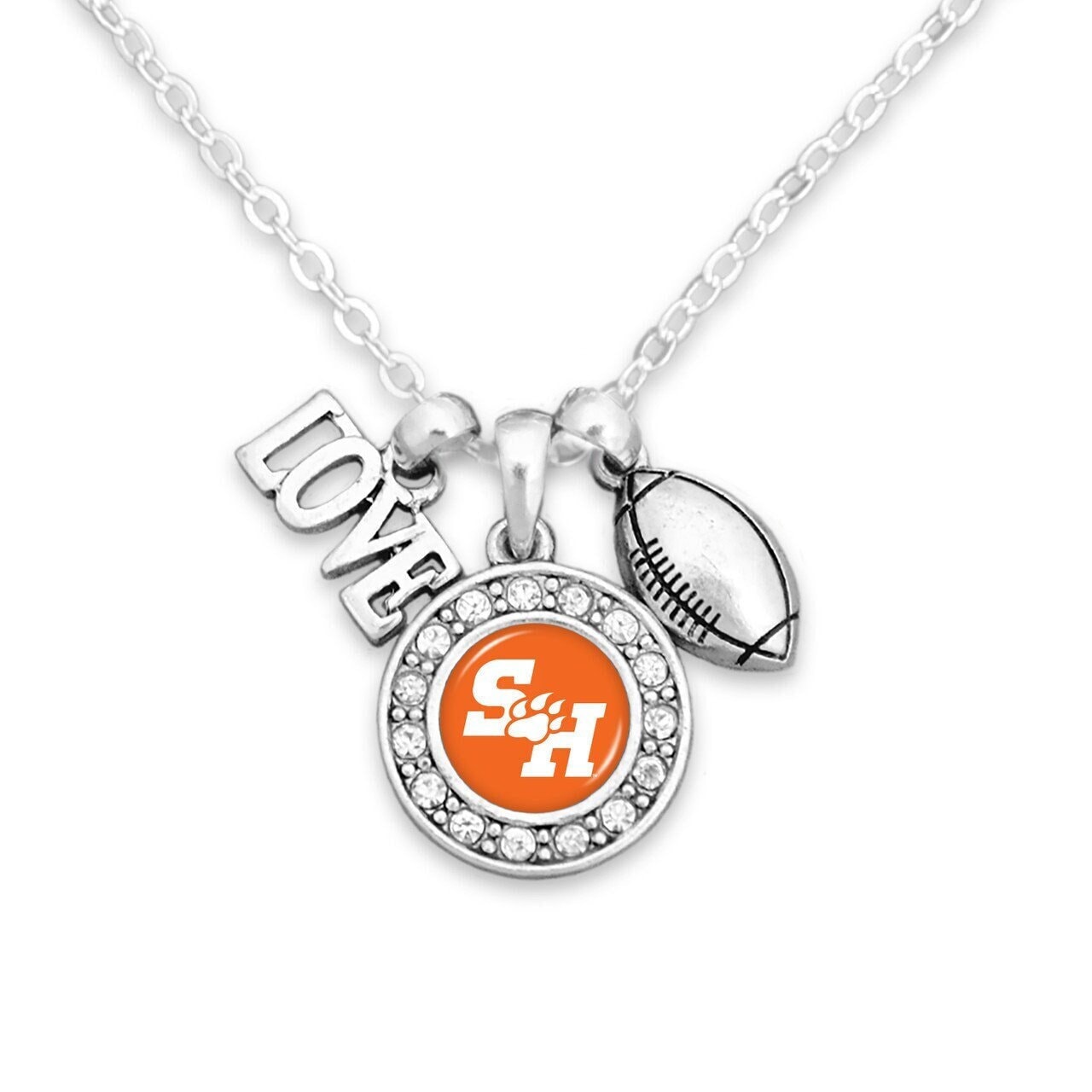 Officially Licensed SAM HOUSTON STATE Bearkats Necklace with Football, Love and Logo Pewter Charms Sterling Plated - Sam Houston State Univ