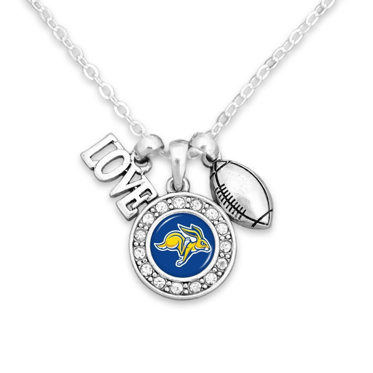 Officially Licensed SOUTH DAKOTA STATE Jackrabbits Necklace with Football, Love and Logo Pewter Charms Sterling Plated - Jackrabbits