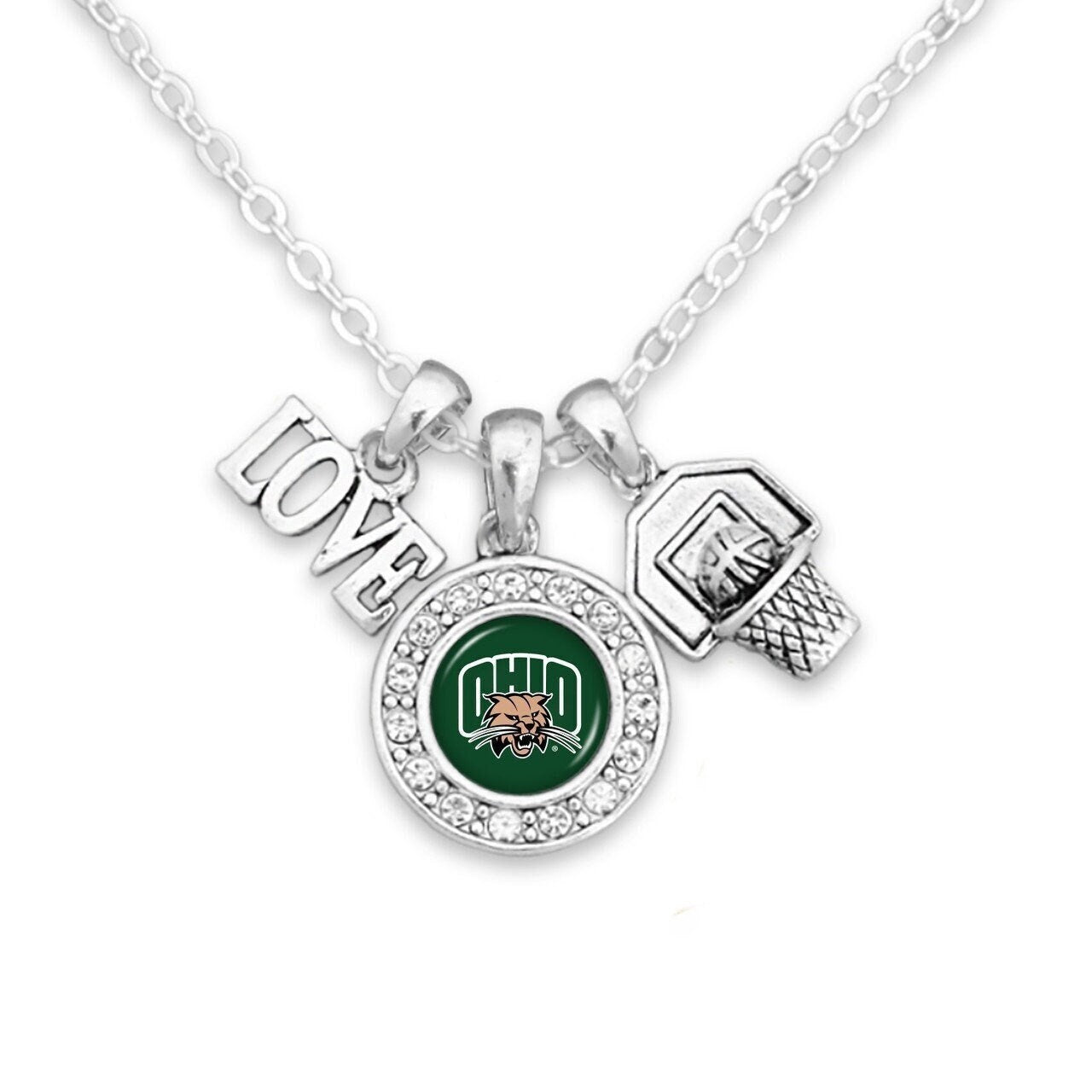 Officially Licensed OHIO BOBCATS Necklace with Basketball, Love and Logo Pewter Charms Sterling Plated - Ohio University