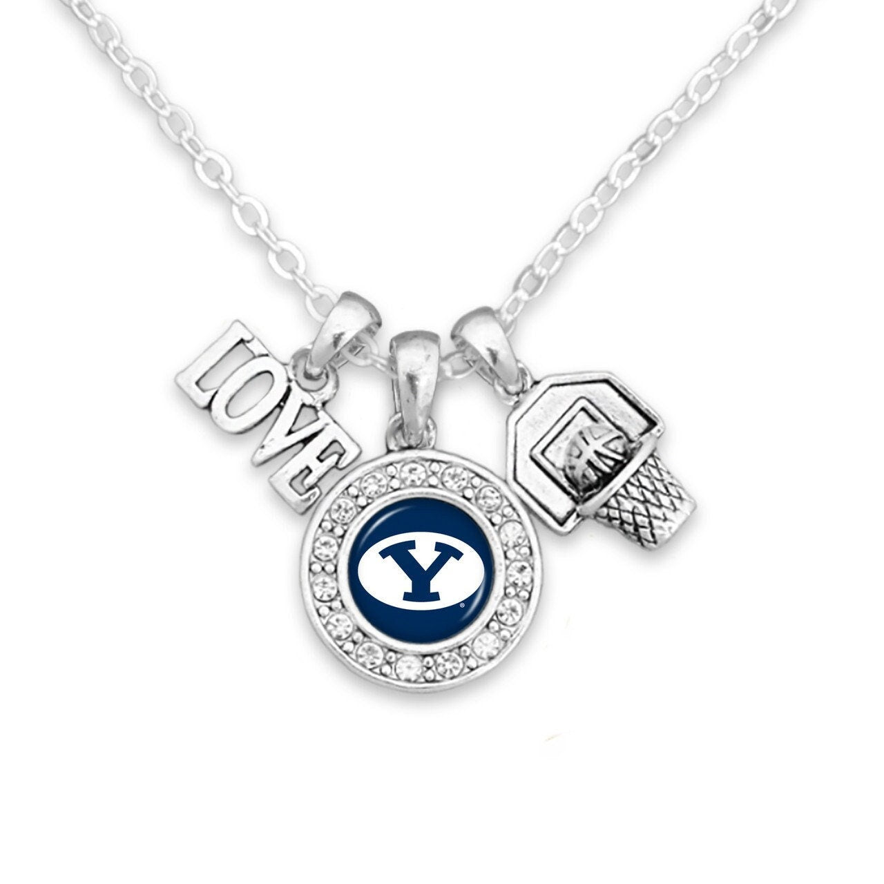 Officially Licensed BYU COUGARS Necklace with Basketball, Love and Logo Pewter Charms Sterling Plated - Brigham Young University