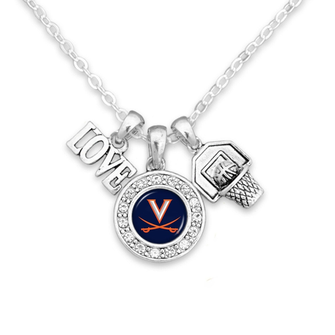 Officially Licensed VIRGINIA CAVALIERS Necklace with Basketball, Love and Logo Pewter Charms Sterling Plated - University of Virginia