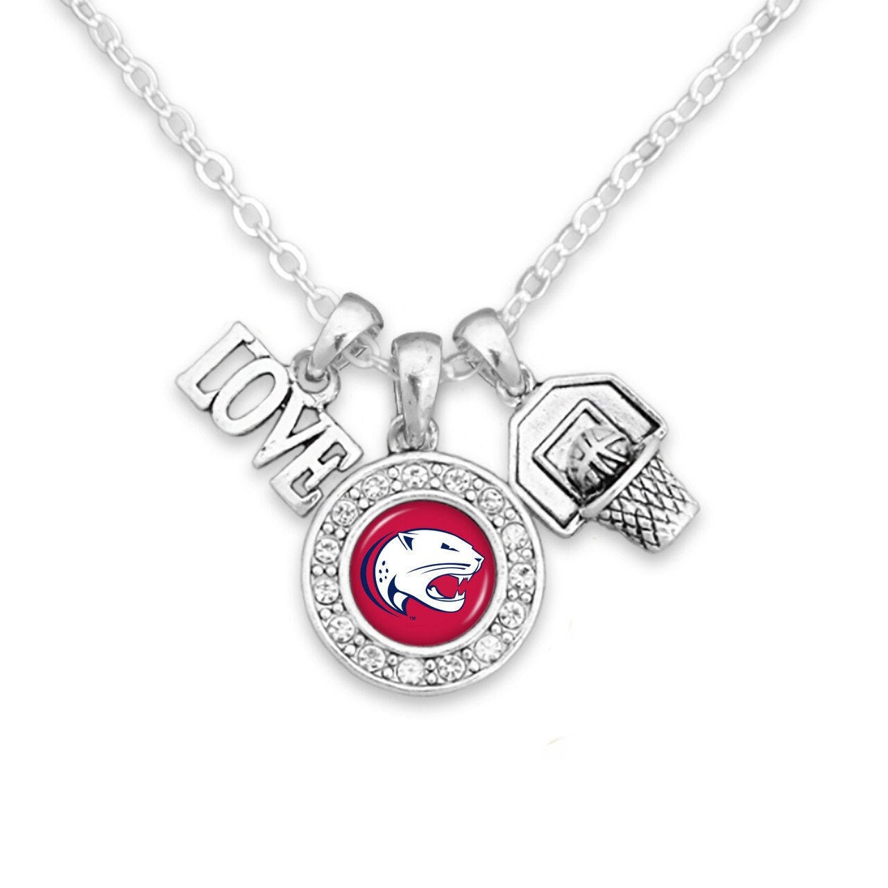 Officially Licensed SOUTH ALABAMA JAGUARS Necklace with Basketball, Love and Logo Pewter Charms Sterling Plated - University South Alabama