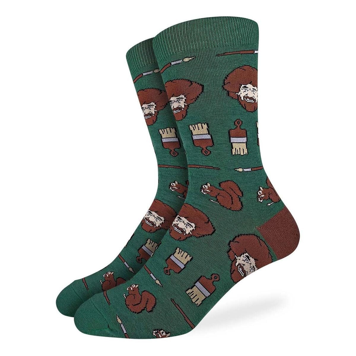BOB ROSS Faces Brush Crew Socks - Novelty Active Fit Socks - Men's Adult 8-12 Unisex - For Craft Costume Supply