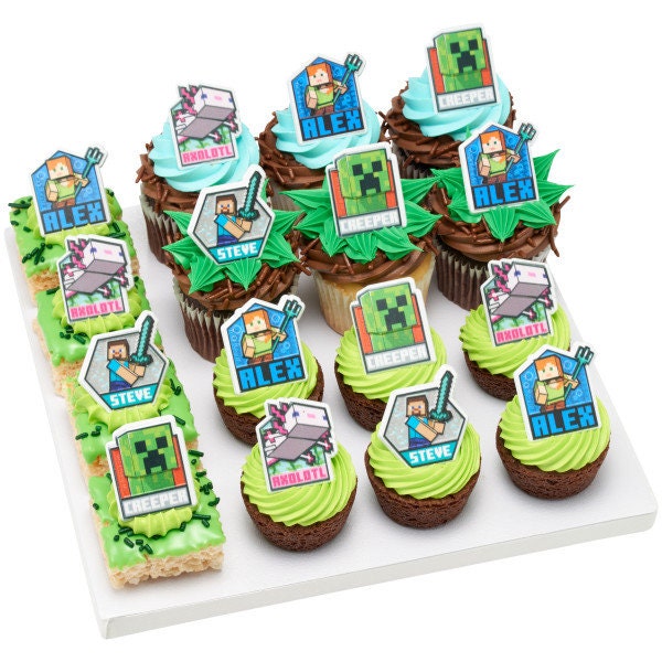 12 MINECRAFT Lush Finds Cupcake Rings - Creeper, Alex, Steve and Axolotl Minecraft Cake Toppers for Birthday Party Decoration Craft Supply