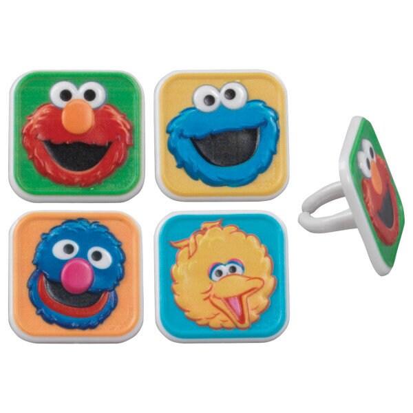 12 SESAME STREET Bright & Fun Cupcake Rings - Big Bird, Grover, Cookie Monster, Elmo Cake Toppers for Birthday Party Decoration Craft Supply