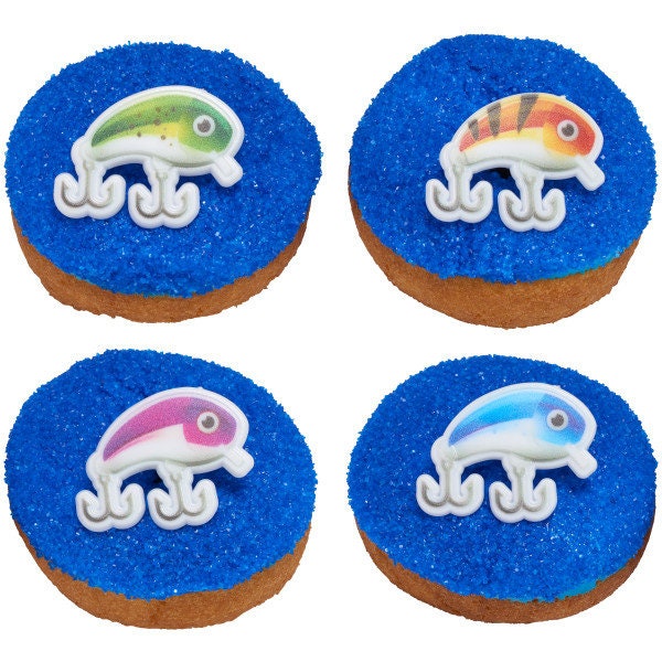 12 Fishing Lure Assortment Cupcake Rings - Dad Fishing Bobbers Pole Party Cake Toppers for Birthday Party Decoration Craft Supply
